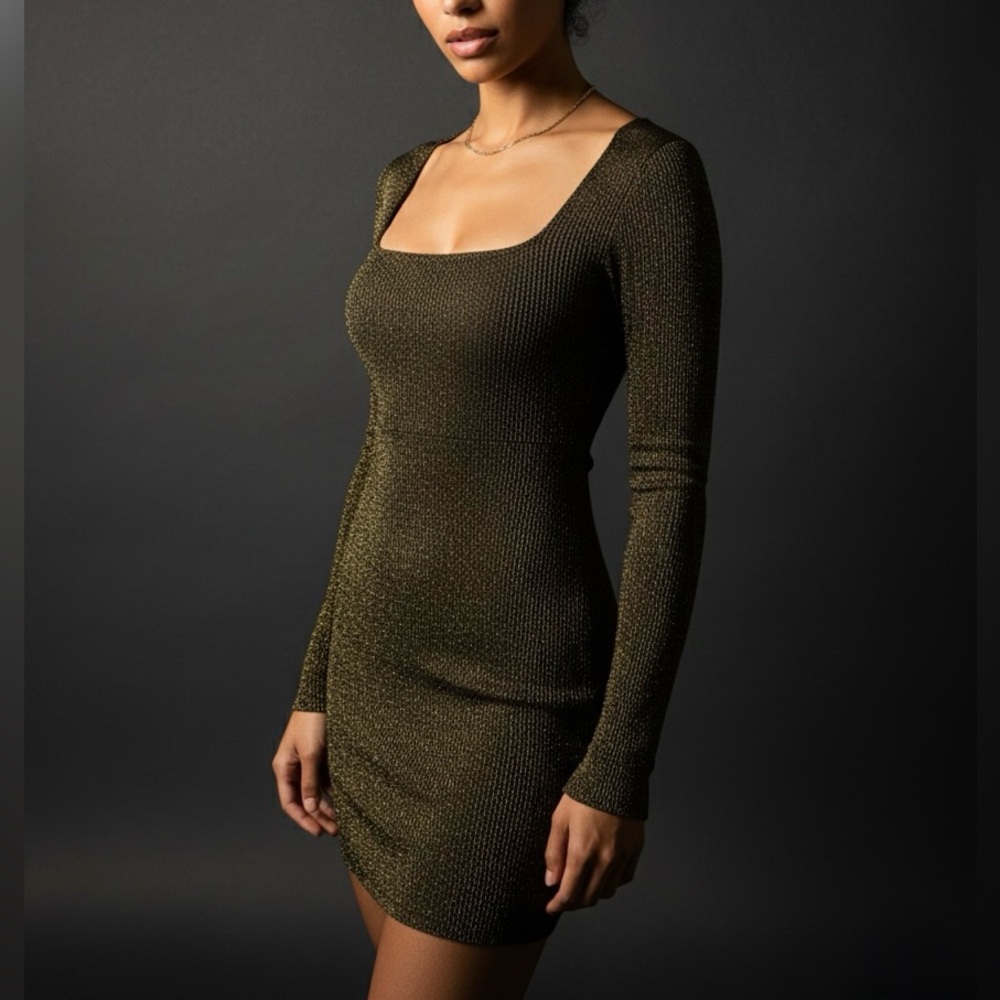 Urban Outfitters Gold Metallic Sparkle Long Sleeve Ribbed Bodycon Mini Dress